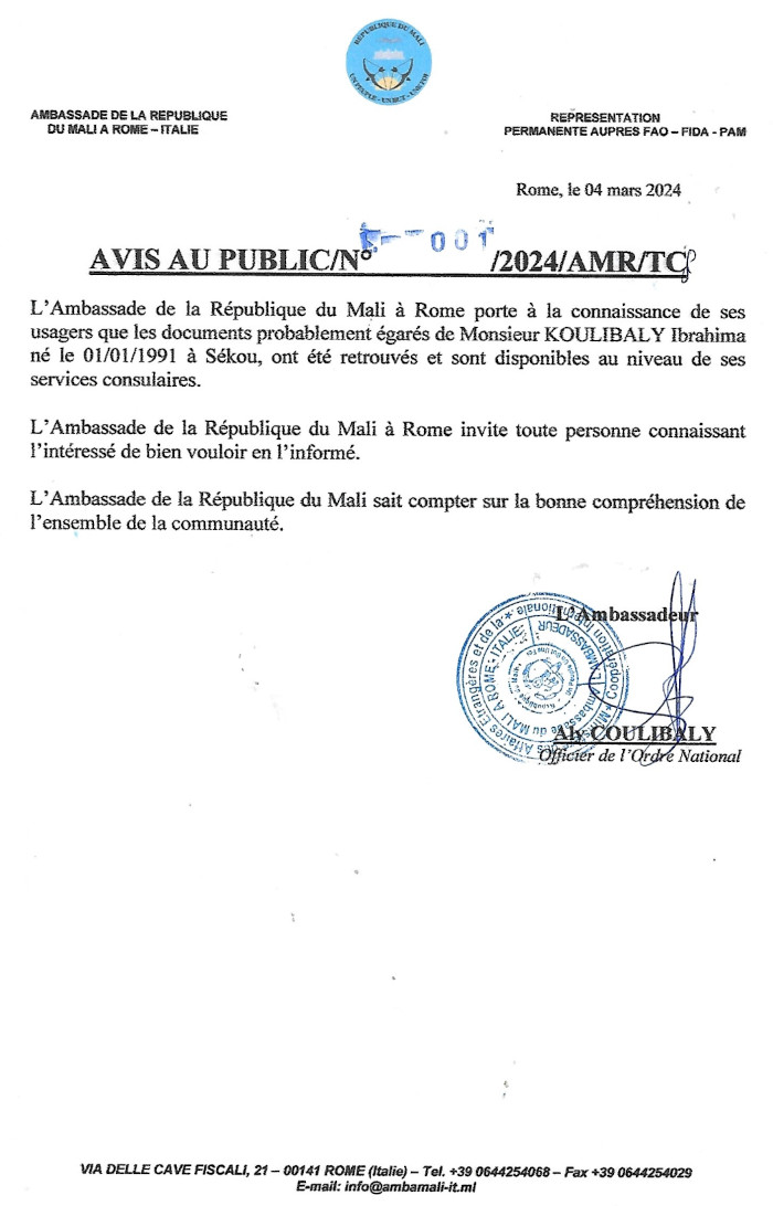 Avis documents de Monsieur KOULIBALY Ibrahima