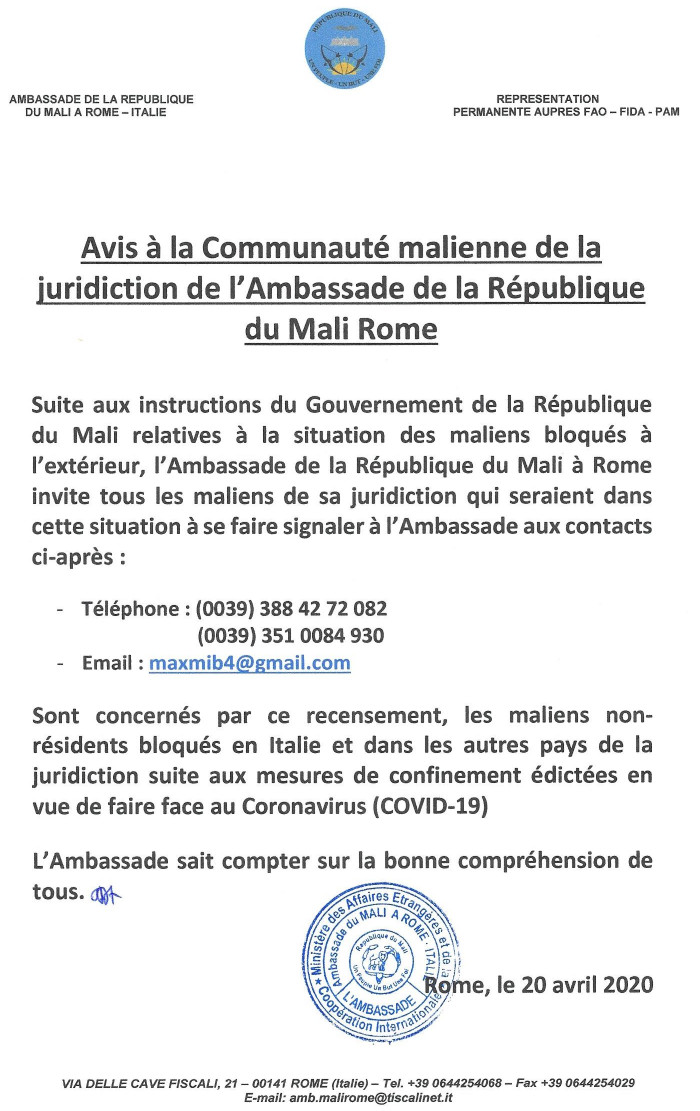Communiqué maliens bloqués à l'extérieur