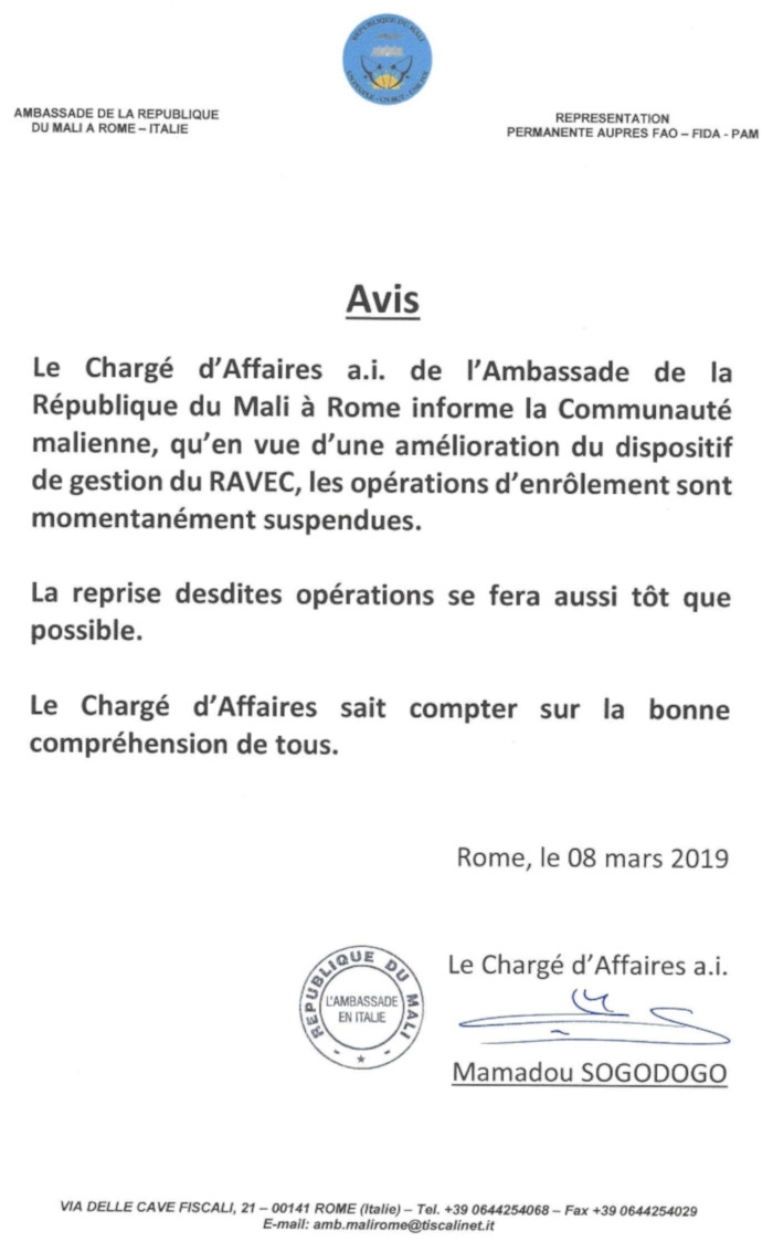 Avis relatif a la suspension du RAVEC