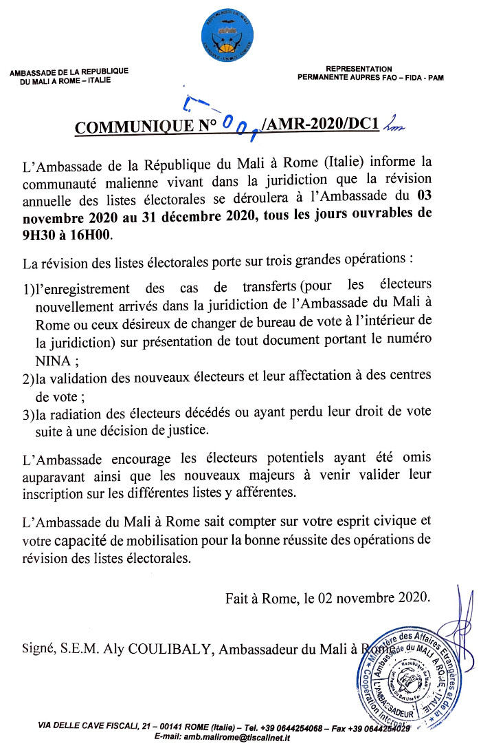 Communiqué révision listes électorales 2020
