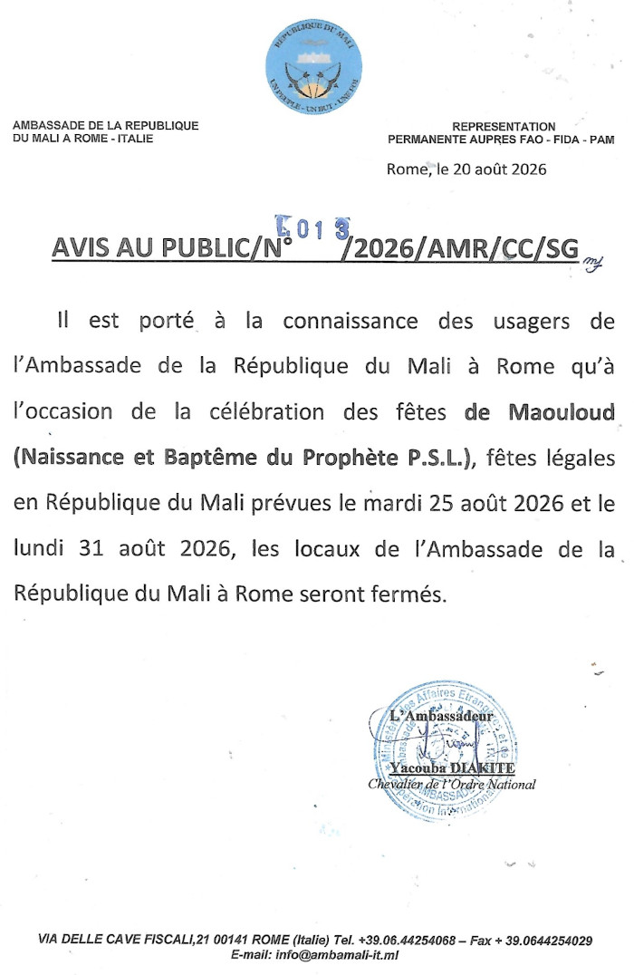 Avis fêtes de Maouloud, 25 et 31 aoȗt 2026