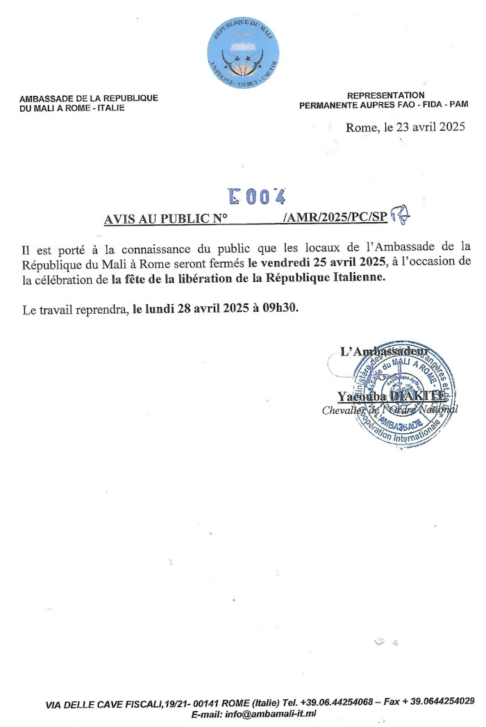 Avis fête de la Libération de la République italienne 25 avril 2025