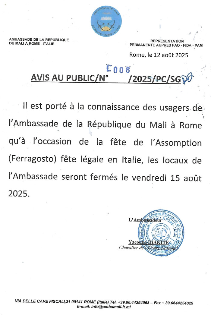 Avis fête de l'Assomption 15 août 2025