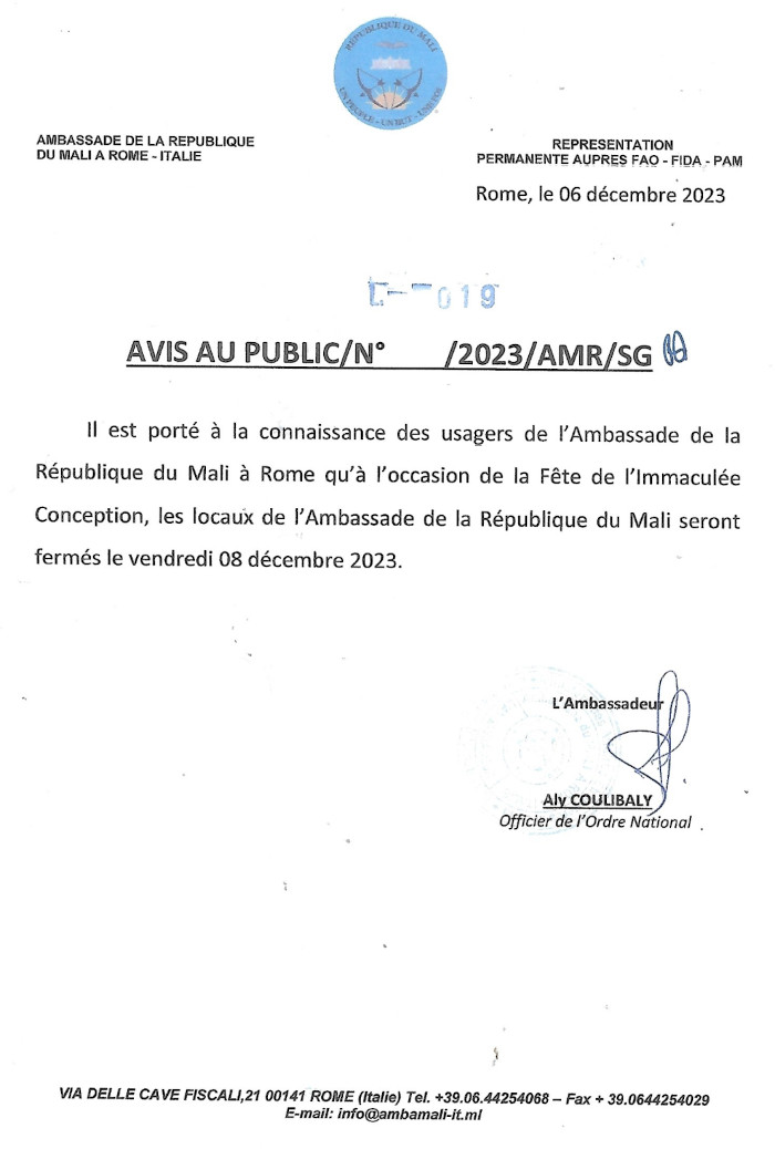 Avis Fête Immaculée Comception 08 décembre 2023