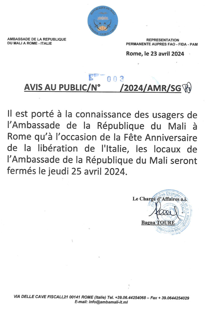 Avis Fête pour l'Anniversaire de la libération de l'Italie 25 avril 2024