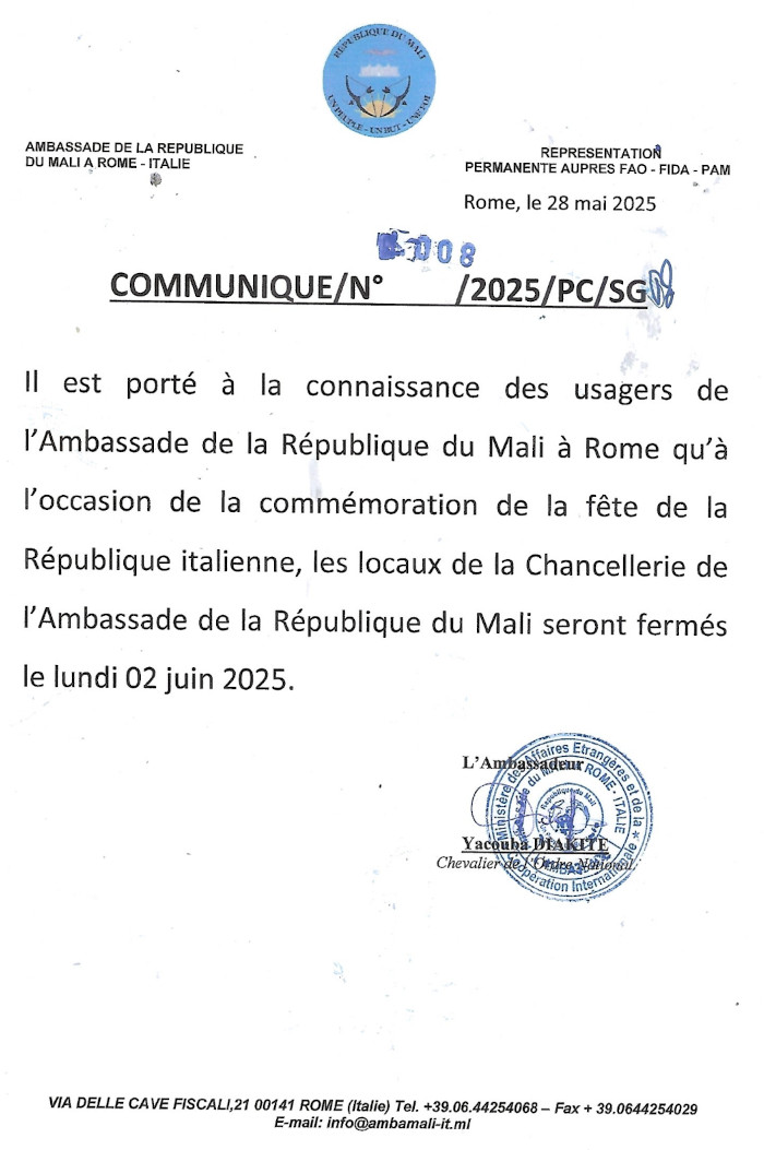 Avis fête de la République italienne 02 juin 2025
