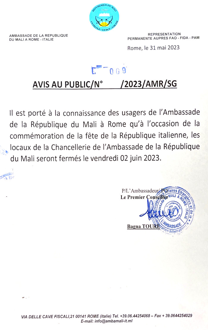 Avis fête République italienne 02 juin 2023