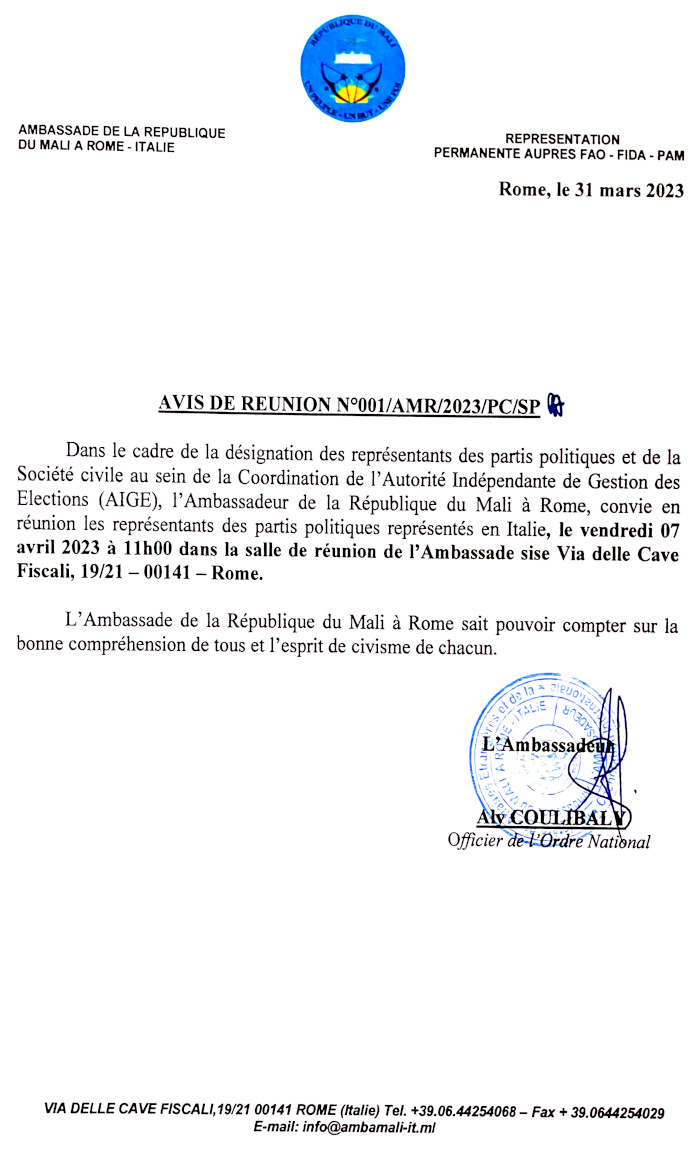 Avis réunions le 07 et 08 avril avec les partis politiques et les associations et organisations de la société civile