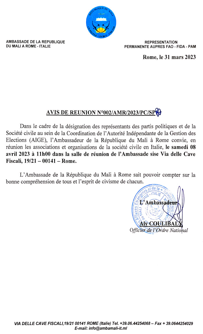 Avis réunions le 07 et 08 avril avec les partis politiques et les associations et organisations de la société civile