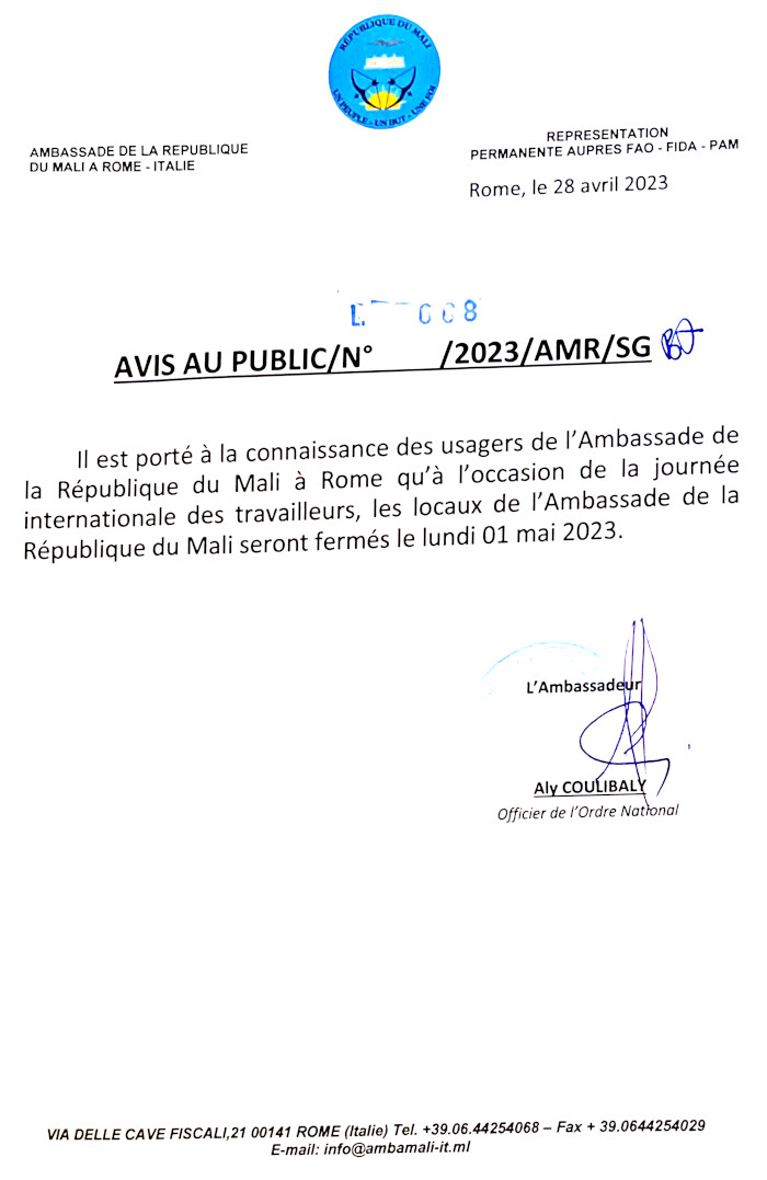 Avis Journée Internationale des Travailleurs, 01 mai 2023